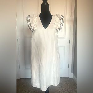 J Crew white Linen Mini dress with Ruffle sleeve